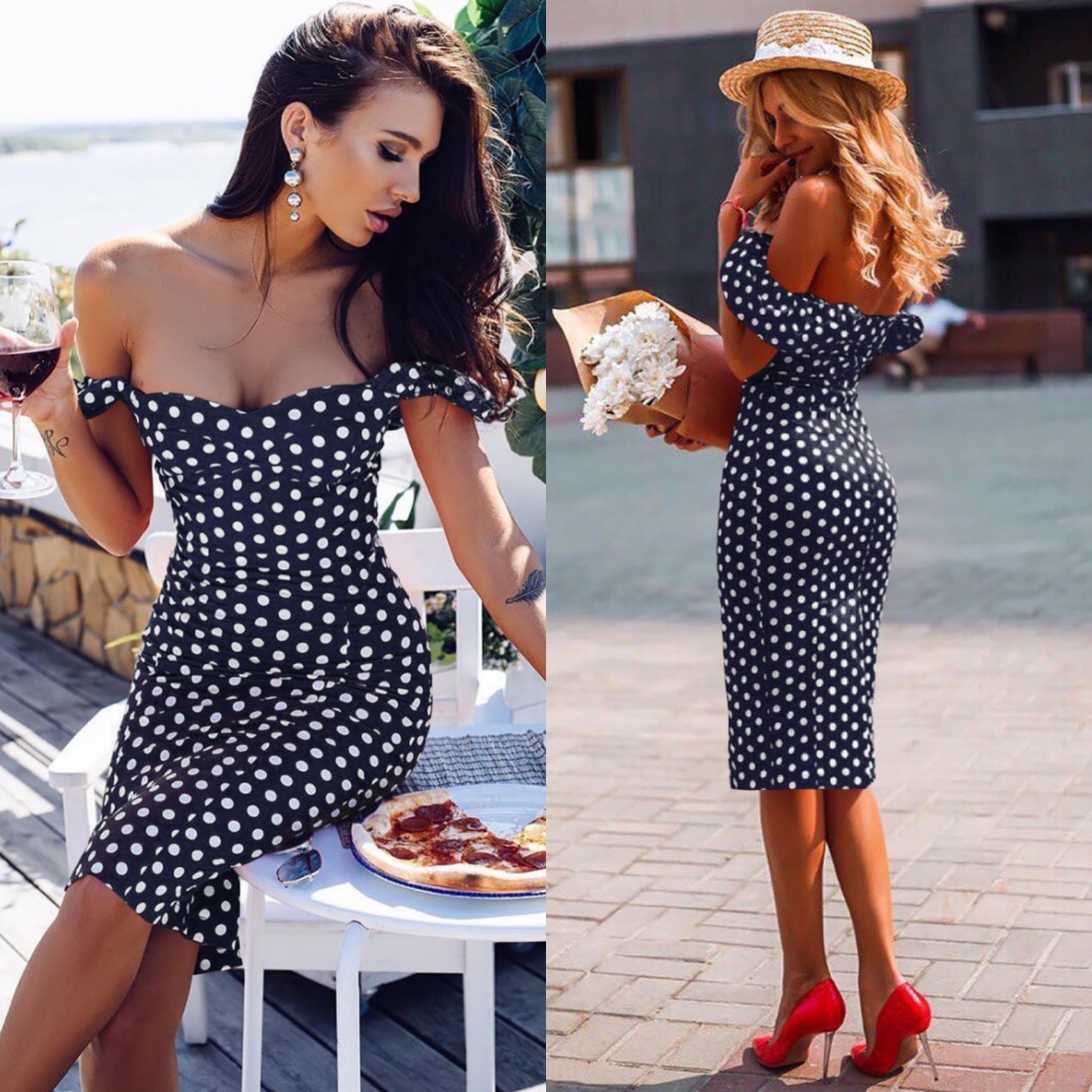 Polka dot print bag hip midi skirt dress