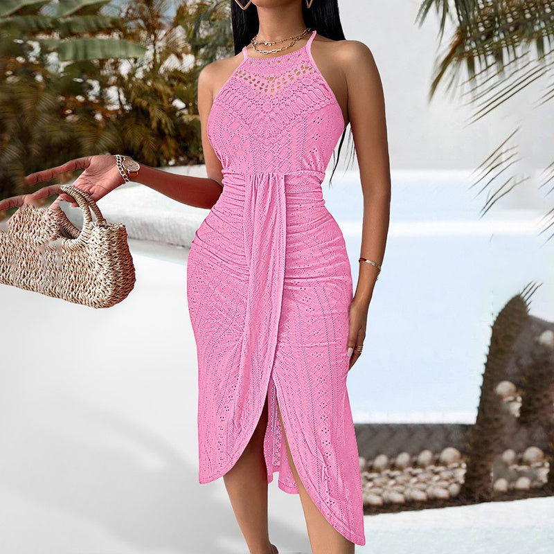 Feminine Sexy Halter Neck Ruffled Bodycon Midi Dress Elegant Sleeveless Cocktail Party Dress