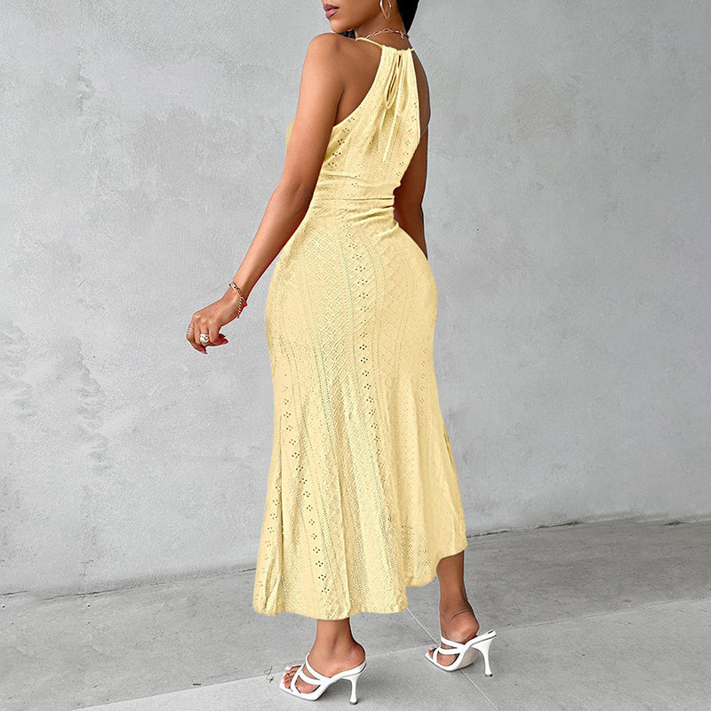Feminine Sexy Halter Neck Ruffled Bodycon Midi Dress Elegant Sleeveless Cocktail Party Dress
