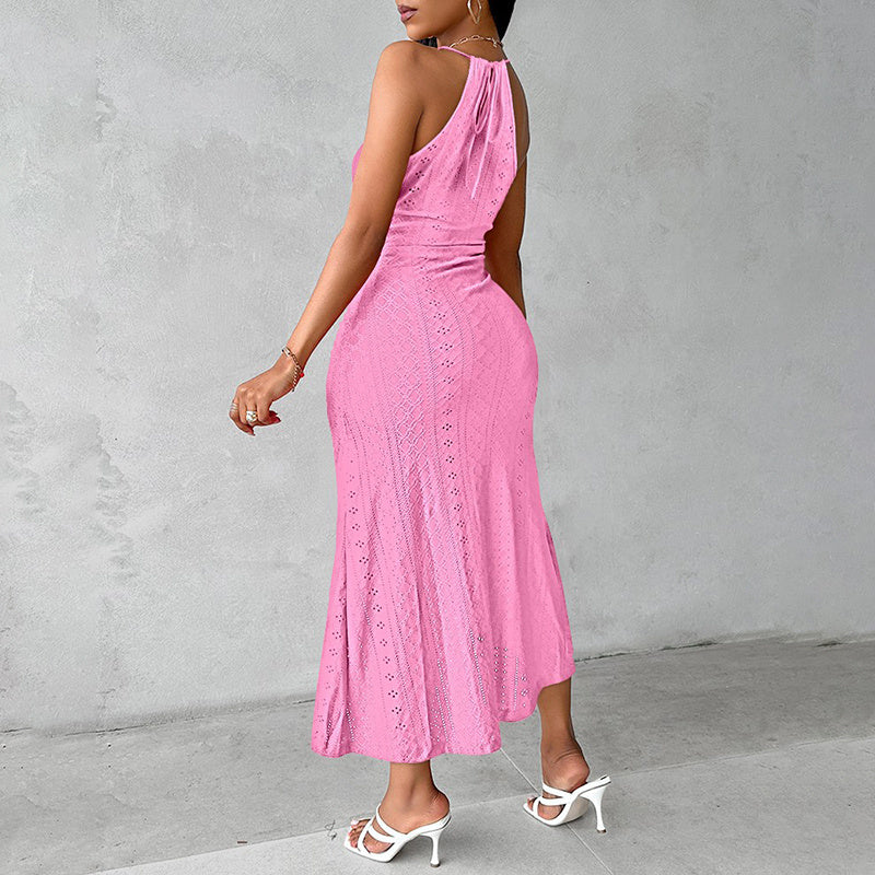 Feminine Sexy Halter Neck Ruffled Bodycon Midi Dress Elegant Sleeveless Cocktail Party Dress