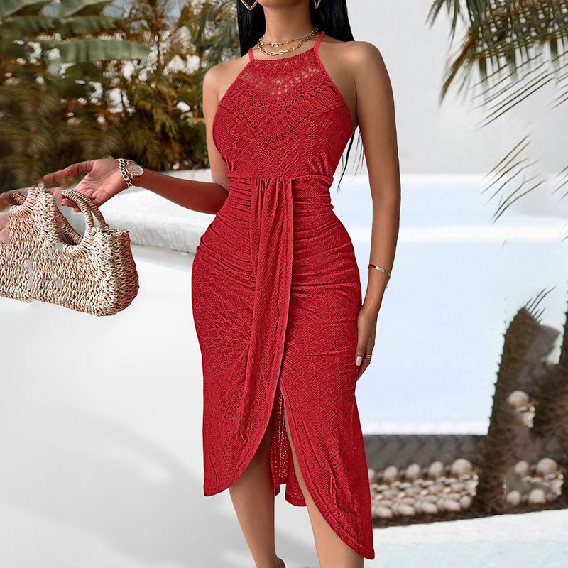 Feminine Sexy Halter Neck Ruffled Bodycon Midi Dress Elegant Sleeveless Cocktail Party Dress