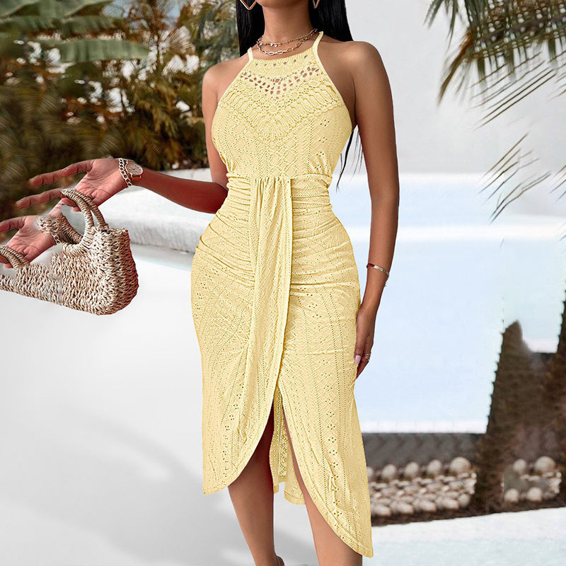 Feminine Sexy Halter Neck Ruffled Bodycon Midi Dress Elegant Sleeveless Cocktail Party Dress